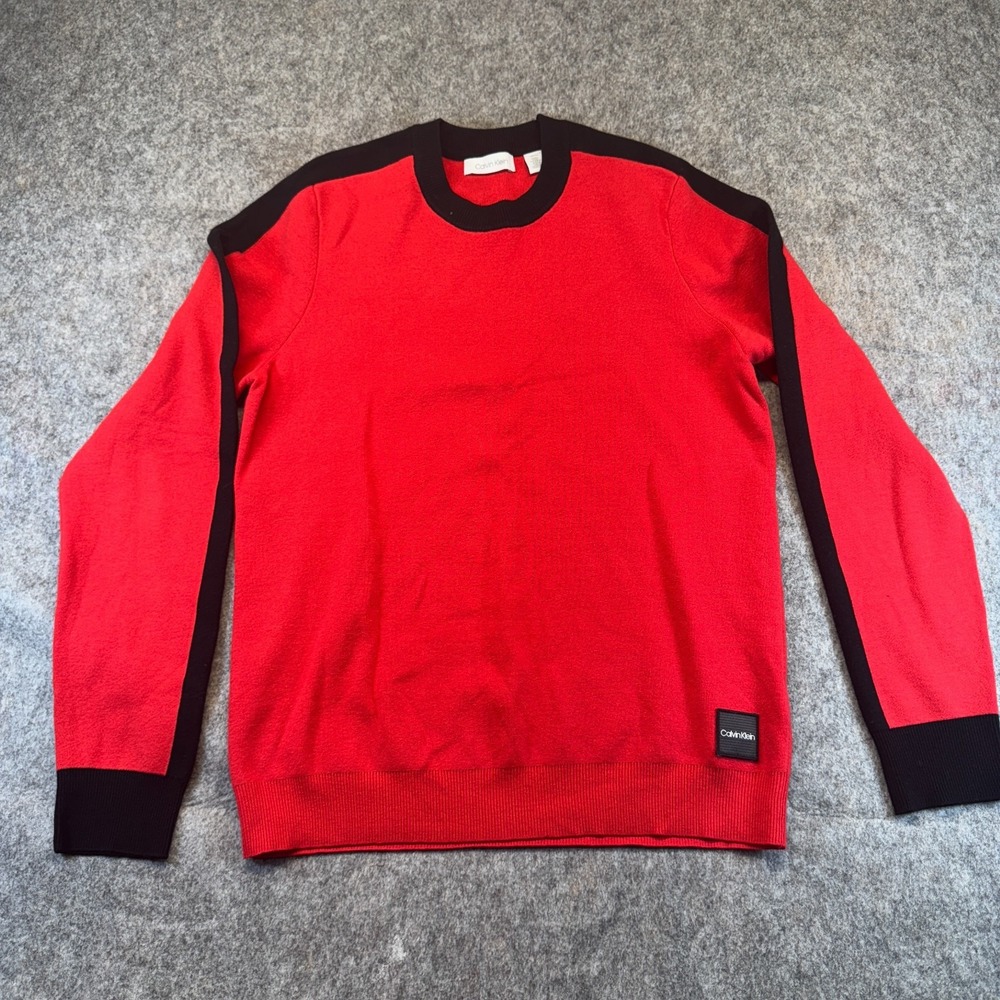 Calvin Klein Men's Red Small Crewneck Sweater Black Trim Cotton Modal Pullover